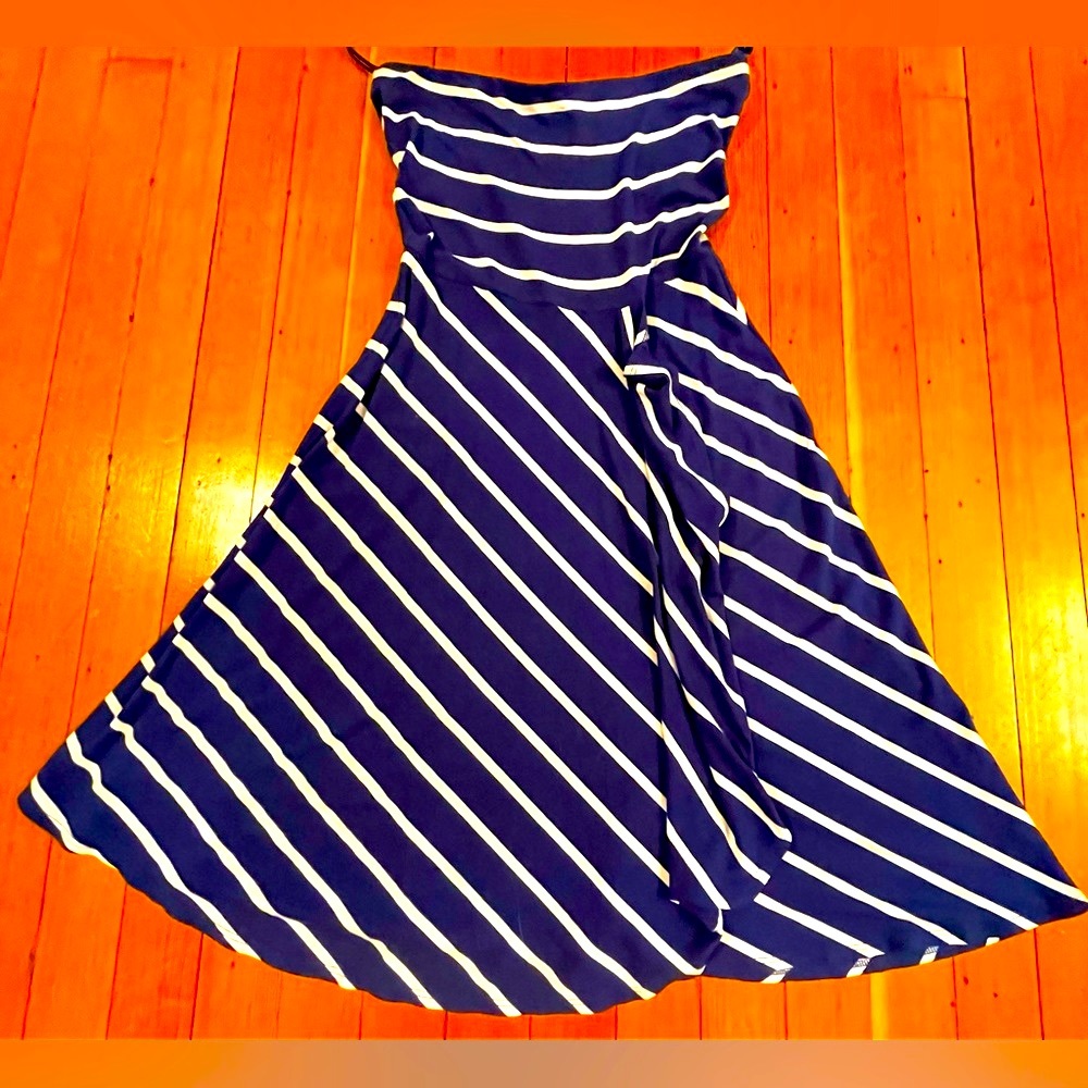 Ann Taylor Navy Blue with White Stripes Strapless Faux Wrap Midi Dress. Size XSP